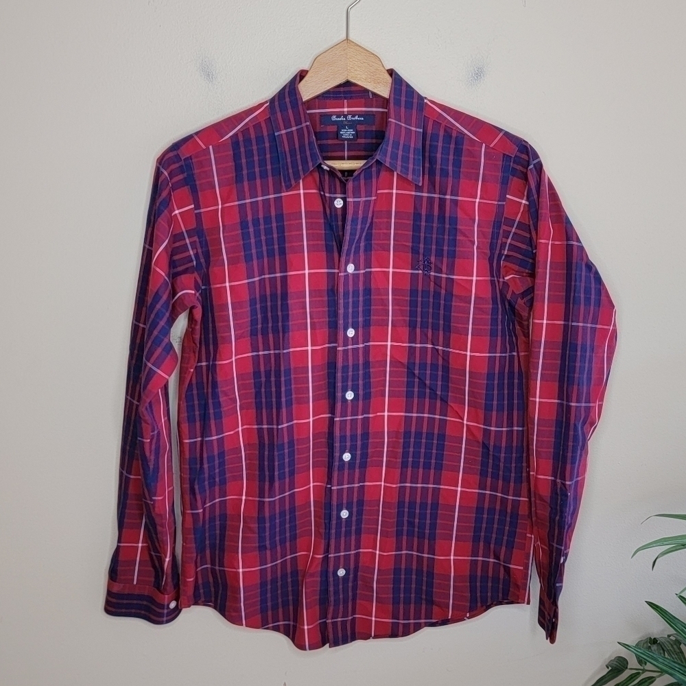 Brooks Brothers Boys Non-Iron Red & Navy Plaid Button Down Shirt Size Large